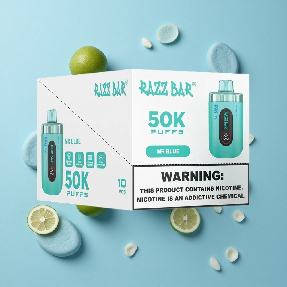 Razz Bar 50K Puffs Једнократни Вапе Mr Plavi са 1.0 Ohm Mesh Kalemom и 2% Никотин